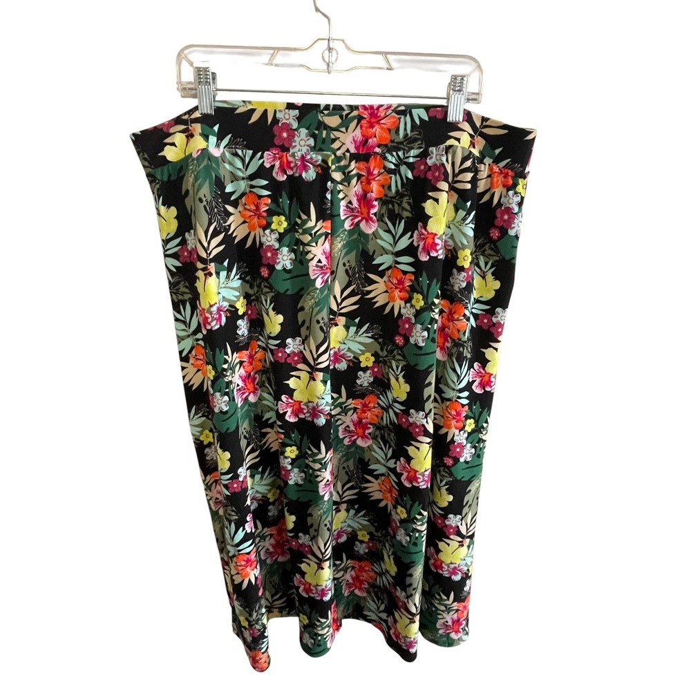 Terra & Sky 1X (16W-18W) Floral Midi Skirt black tropical Side Slit Pockets - Picture 1 of 6